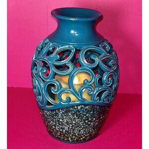 Teal Blue Flameless Flickering Candle Lamp Mosaic Crackle Glass Battery Powered